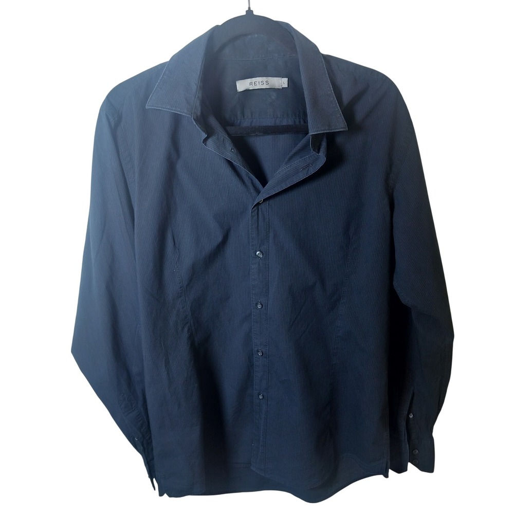 Reiss Mens Navy Blue Micro Stripe Long Sleeve Button Down Shirt Size L